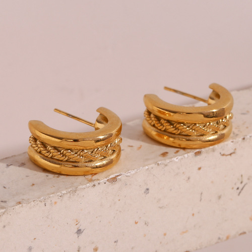 ETSMJ233 18K Gold Plated Stainless Steel C-Shaped Earrings with Twisted Center and Smooth Sides Women's Fashion Jewelry
