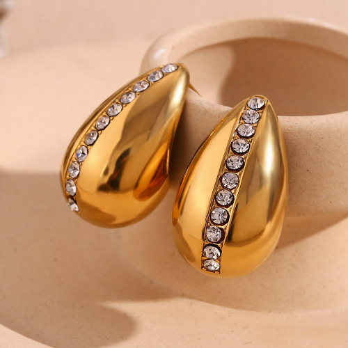 ETSMJ855 18K Gold Plated Stainless Steel Hollow Back Micro Pave Linear Teardrop Stud Earrings Women's Fashion Jewelry