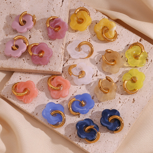 ETSMJ5 18K Gold Plated Stainless Steel Colorful Dopamine Flower Hoop Earrings for Women Trendy Floral Jewelry