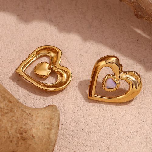 ETSMJ740 18K Gold Plated Stainless Steel Sweet Hollow Natural Stone Double Heart Stud Earrings Women's Fashion Jewelry