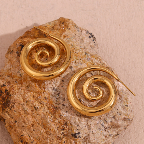 ETSMJ97 18K Gold Plated Stainless Steel Swirl Stud Earrings Elegant Smoke Pattern Women's Jewelry