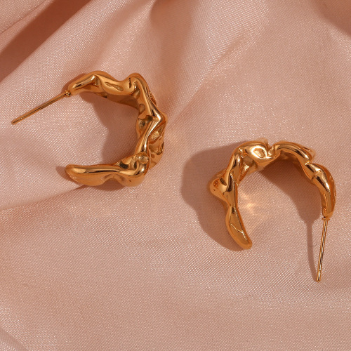 ETSMJ491 18K Gold Plated Stainless Steel Irregular Moon Shape Wrinkle Stud Earrings Women's Fashion Jewelry