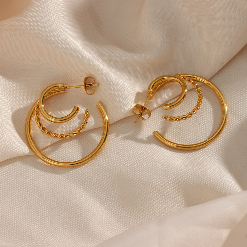 ETSMJ394 18K Gold Plated Stainless Steel Multi-Layer Hollow Twisted C-Shaped Hoop Earrings Women's Fashion Jewelry