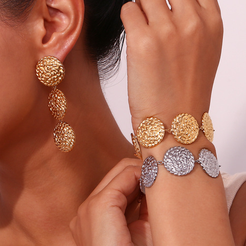 ETSMJ774 18K Gold Plated Stainless Steel Geometric Hammered Disc Bracelet and Earrings Women's Fashion Jewelry