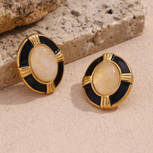ETSMJ698 18K Gold Plated Stainless Steel Oval Cross Natural Stone Stud Earrings Women's Fashion Jewelry