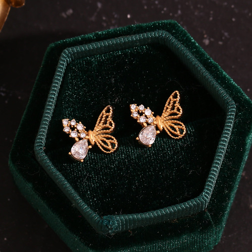 ETSMJ785 18K Gold Plated Stainless Steel Asymmetric Butterfly Zirconia Stud Earrings Women's Fashion Jewelry
