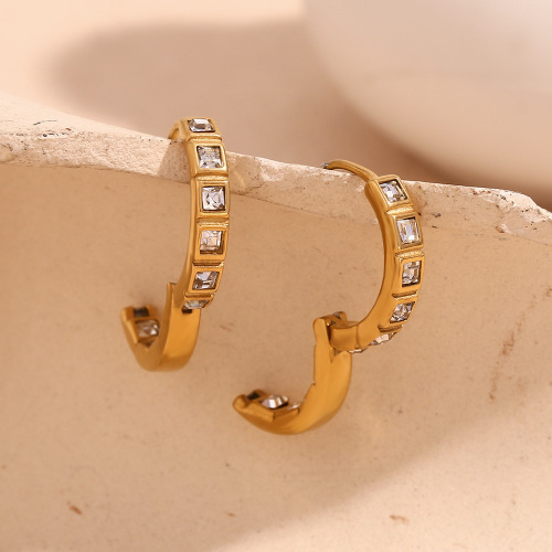 ETSMJ247 18K Gold Plated Stainless Steel Hoop Earrings with Micro Pave Square Zirconia Women's Fashion Jewelry