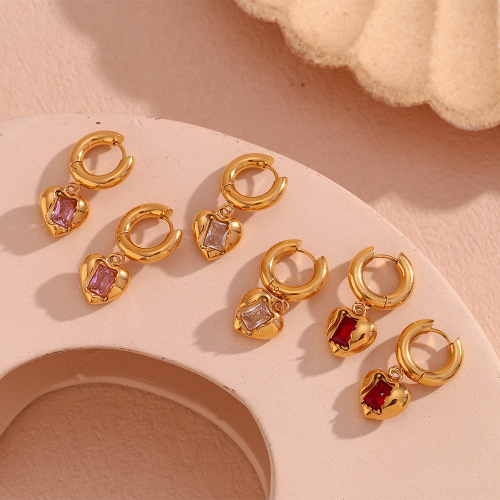 ETSMJ272 18K Gold Plated Stainless Steel Heart Zirconia Pendant Hoop Earrings Women's Fashion Jewelry