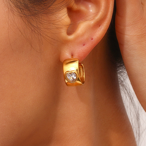 ETSMJ175 18K Gold Plated Stainless Steel Wide Heart Hoop Earrings Women's Fashion Jewelry with Zircon Stones