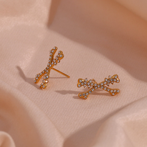ETSMJ400 Stainless Steel X-Shaped Bone Stud Earrings with Crystals Halloween Jewelry for Women