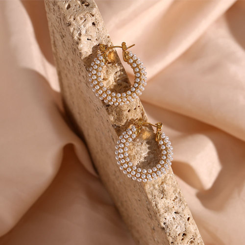 ETSMJ321 Women's 18K Gold Plated Stainless Steel Pearl Hoop Earrings Luxury Fashion Jewelry