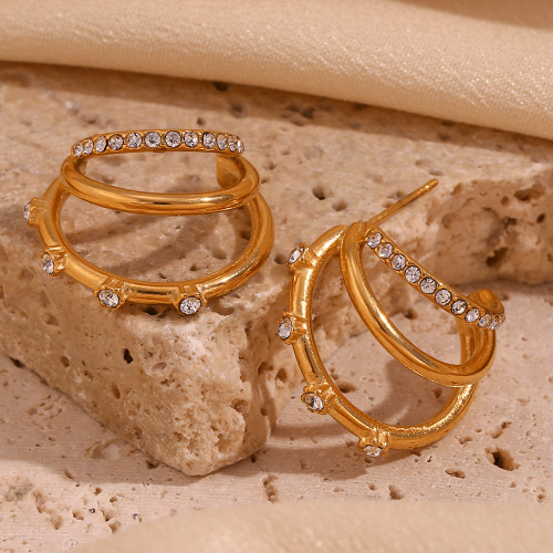 ETSMJ475 18K Gold Plated Stainless Steel Triple Layer C-Shaped Zircon Hoop Earrings Women's Fashion Jewelry