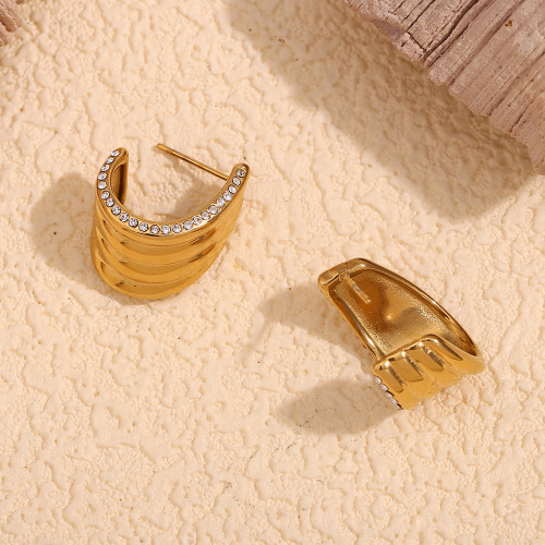 ETSMJ732 18K Gold Plated Stainless Steel Wave Edge Micro Pave Diamond Stud Earrings Women's Fashion Jewelry