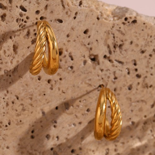 ETSMJ176 Gold Plated Stainless Steel Twisted Rope C-Shaped Hoop Earrings Women's Fashion Jewelry with Smooth Finish