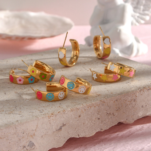 ETSMJ597 18K Gold Plated Stainless Steel Smiley Face Enamel Heart Hoop Earrings Women's Fashion Jewelry