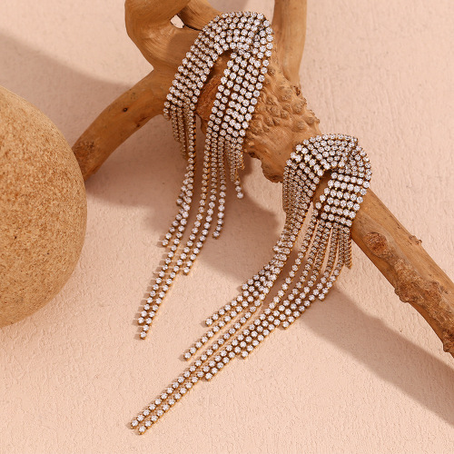 ETSMJ417 18K Gold Plated Stainless Steel Zirconia Tassel Drop Earrings Women's Evening Jewelry