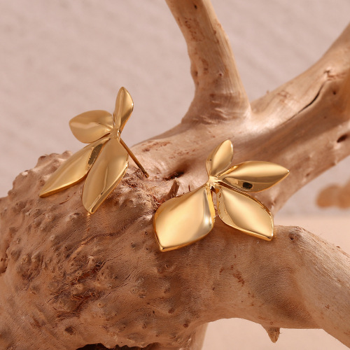 ETSMJ637 18K Gold Plated Stainless Steel Smooth Flower and Leaf Stud Earrings Women's Fashion Jewelry
