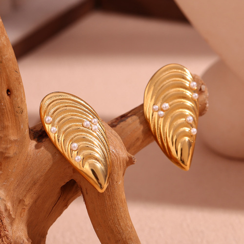 ETSMJ706 18K Gold Plated Stainless Steel Pearl Shell Stud Earrings Women's Fashion Jewelry