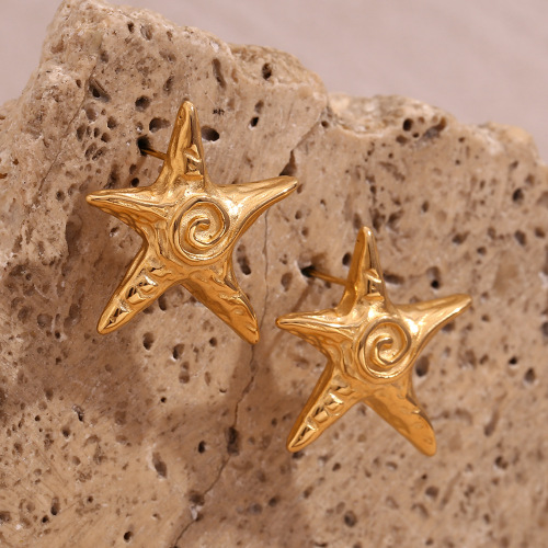 ETSMJ638 18K Gold Plated Stainless Steel Swirl Hammered Texture Star Stud Earrings Women's Fashion Jewelry