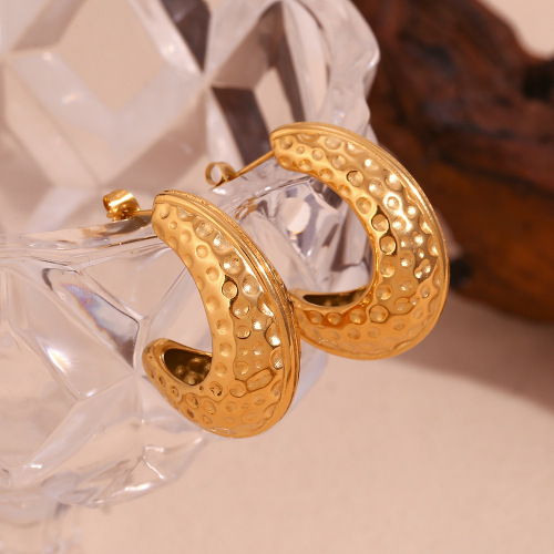 ETSMJ450 18K Gold Plated Stainless Steel Hammered Peanut Shell J-Shaped Drop Earrings Women's Fashion Jewelry
