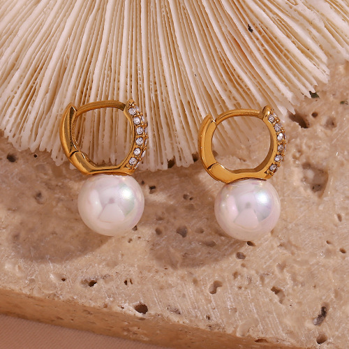 ETSMJ521 18K Gold Plated Stainless Steel Full Diamond Faux Pearl Earrings Women's Fashion Jewelry