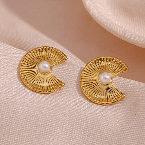 ETSMJ515 18K Gold Plated Stainless Steel Striped Pearl Fan-Shaped Earrings Women's Spring Jewelry
