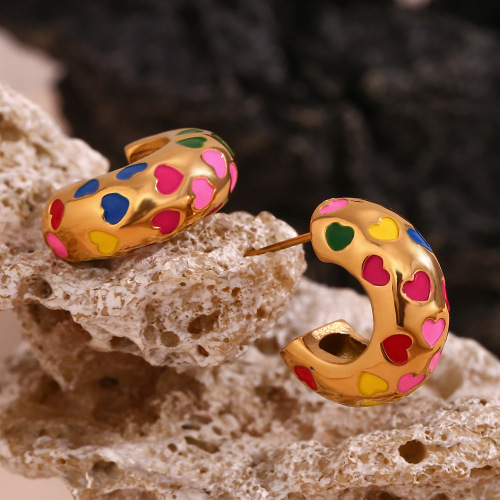 ETSMJ261 18K Gold Plated Stainless Steel Colorful Graffiti Heart C-Shaped Hoop Earrings Women's Fashion Jewelry