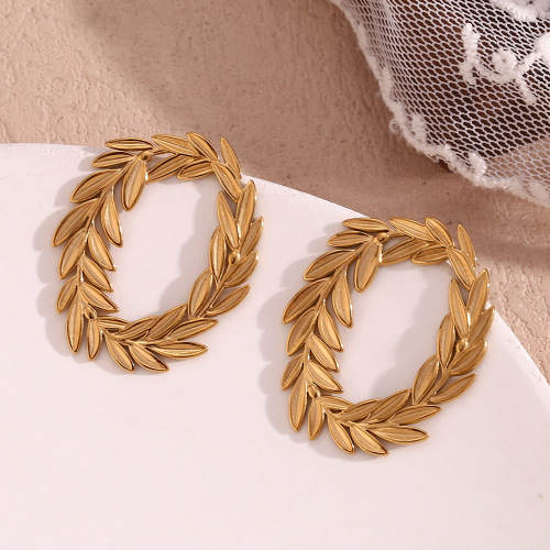 ETSMJ259 18K Gold Plated Stainless Steel O-Shaped Leaf Stud Earrings Women's Fashion Jewelry