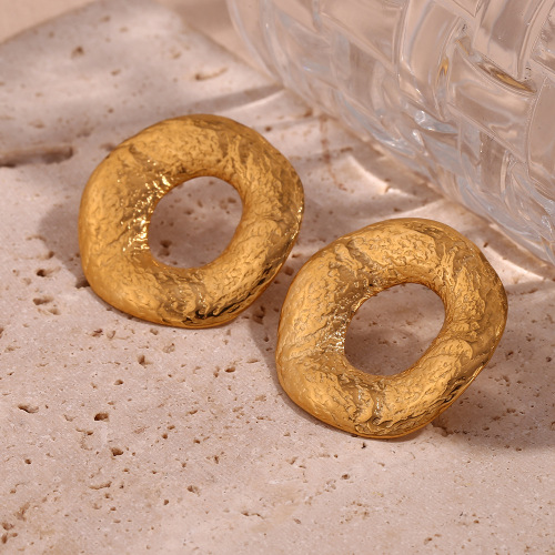 ETSMJ776 18K Gold Plated Stainless Steel Hammered Texture Hollow Round Stud Earrings Women's Fashion Jewelry