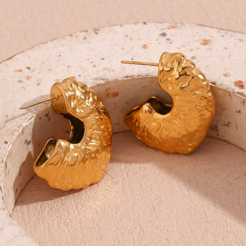 ETSMJ781 18K Gold Plated Stainless Steel Hollow Fan-Shaped Hammered Earrings Women's Fashion Jewelry