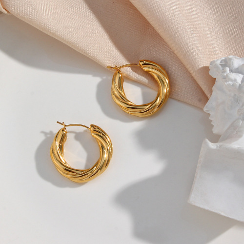 ETSMJ339 18K Gold Plated Stainless Steel Brushed Finish Round Hoop Earrings Women's Elegant Jewelry