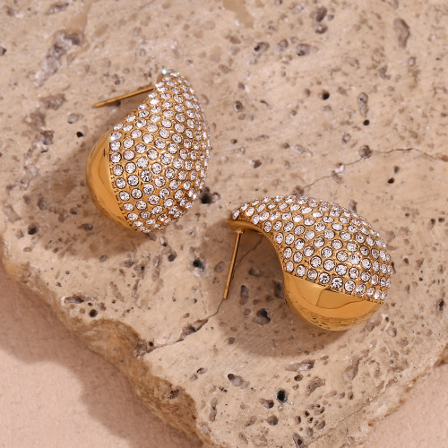 ETSMJ244 18K Gold Plated Stainless Steel Teardrop Earrings with Half Pave Zirconia Women's Fashion Jewelry
