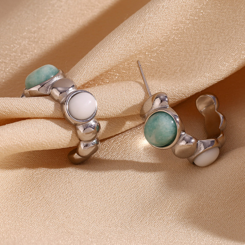 ETSMJ465 18K Gold Plated Stainless Steel Amazonite White Jade Oval Hoop Earrings Women's Fashion Jewelry