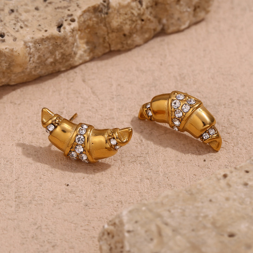 ETSMJ741 18K Gold Plated Stainless Steel Horn Shaped Micro Pave Rhinestone Stud Earrings Women's Fashion Jewelry