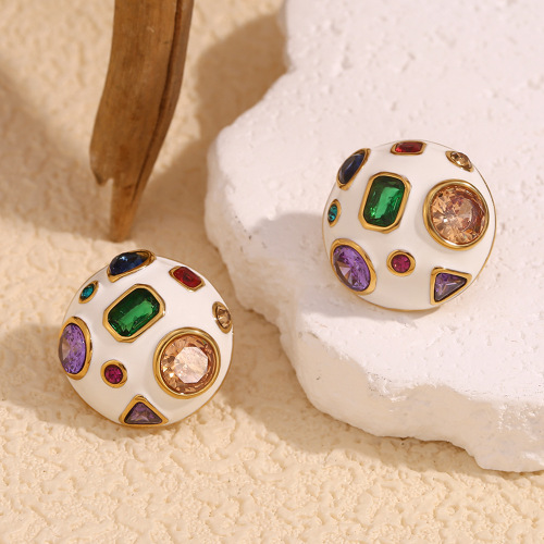 ETSMJ820 18K Gold Plated Stainless Steel White Enamel Geometric Zircon Ball Stud Earrings Women's Fashion Jewelry