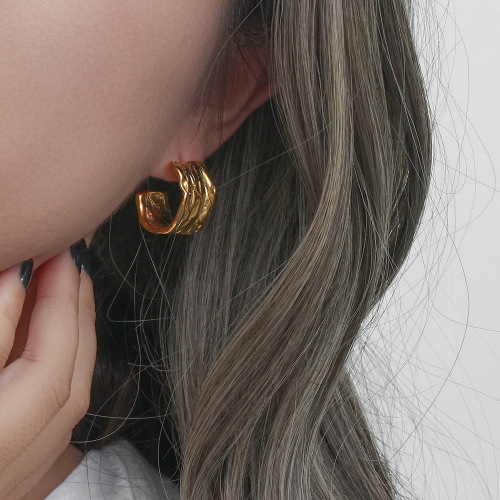 ETSMJ347 18K Gold Plated Stainless Steel Hammered C-Shaped Hoop Earrings Women's Fashion Jewelry