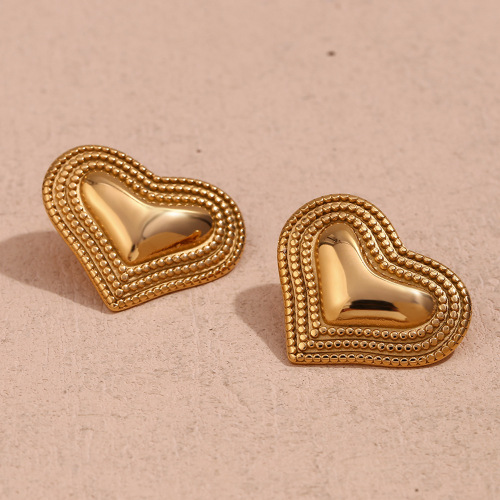 ETSMJ95 18K Gold Plated Stainless Steel Triple Layer Heart Stud Earrings Polished Dotted Edge Women's Jewelry