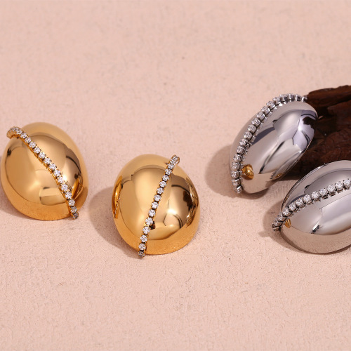 ETSMJ847 18K Gold Plated Stainless Steel Oval Zirconia Chain Stud Earrings Women's Fashion Jewelry