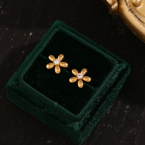 ETSMJ634 18K Gold Plated Stainless Steel Mini Zirconia Flower Stud Earrings with Micro Pave Marquise Crown Women's Fashion Jewelry