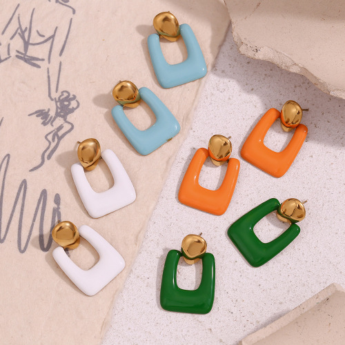 ETSMJ668 18K Gold Plated Stainless Steel Geometric Hollow Rectangle Earrings with Colorful Enamel Women's Fashion Jewelry