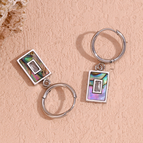 ETSMJ886 Stainless Steel Natural Abalone Shell Zirconia Rectangle Pendant Hoop Earrings Women's Fashion Jewelry