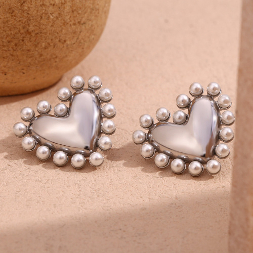 ETSMJ660 18K Gold Plated Stainless Steel Heart Stud Earrings with Pearl Outer Ring Women's Fashion Jewelry