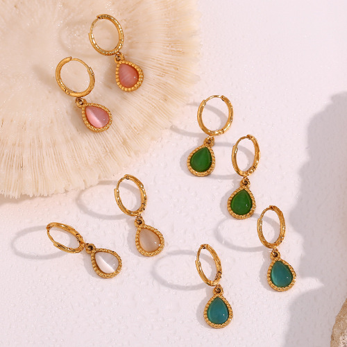ETSMJ556 Stainless Steel Water Drop Cat Eye Stone Hoop Earrings Women's Fashion Jewelry