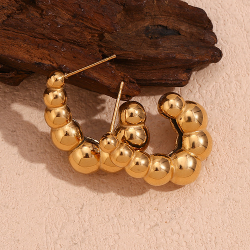 ETSMJ241 18K Gold Plated Stainless Steel J-Shaped Hook Earrings with Beads Women's Fashion Jewelry