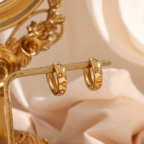 ETSMJ338 18K Gold Plated Stainless Steel Sunburst Zircon Chunky Hoop Earrings Women's Fashion Jewelry