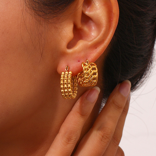 ETSMJ107 18K Gold Plated Stainless Steel Bead Hoop Earrings with Mesh Design Women's Fashion Jewelry