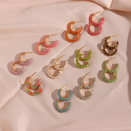 ETSMJ206 Colorful Enamel Grid Stainless Steel Hoop Earrings Women's Fashion Jewelry