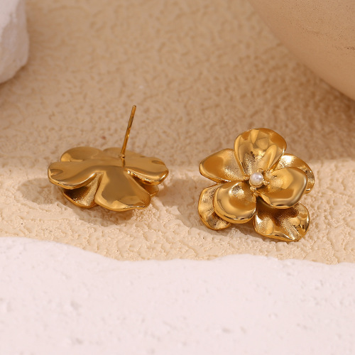 ETSMJ730 18K Gold Plated Stainless Steel Double Layer Petal Pearl Stud Earrings Women's Fashion Jewelry