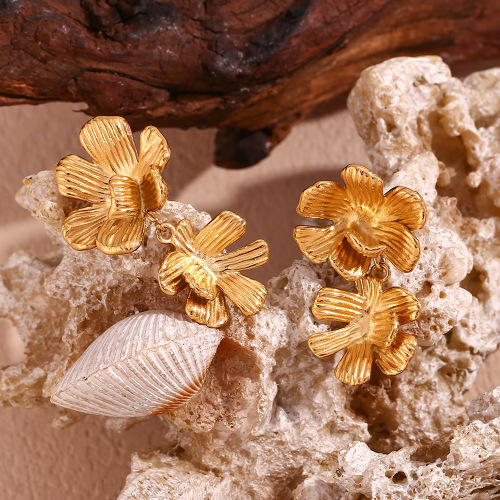 ETSMJ710 18K Gold Plated Stainless Steel Sakura Flower Drop Earrings Women's Fashion Jewelry
