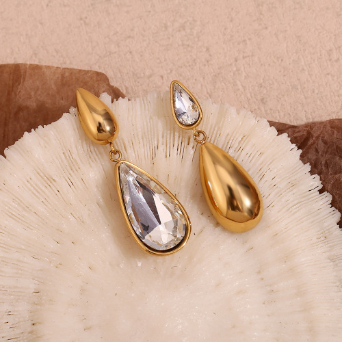 ETSMJ676 18K Gold Plated Stainless Steel Asymmetrical Teardrop White Diamond Dangle Earrings Women's Fashion Jewelry
